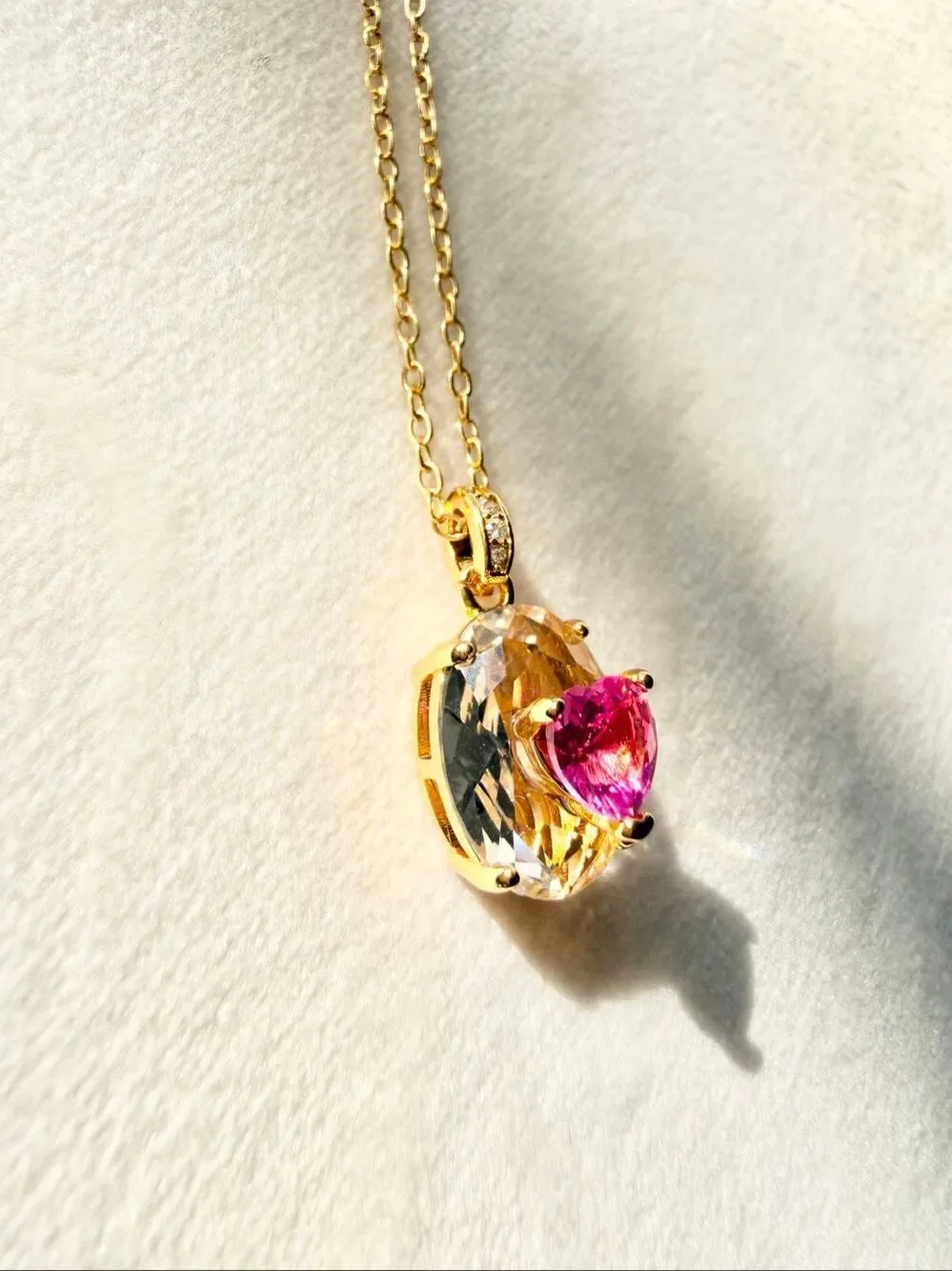 Hot Pink & Clear Cubic Zirconia Oval Pendant Necklace Gold Tone